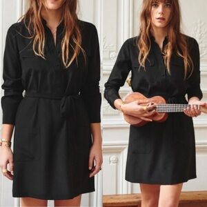 Sezane 100% Silk Shirt Drew Dress Black Womens Size 34 French US 2 Belted‎ Lined
